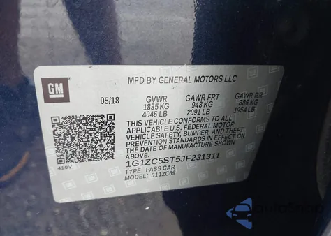 2018 Chevrolet Malibu 1Fl z USA, uszkodzony, nr VIN 1G1ZC5ST5JF231311